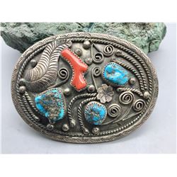 Vintage Coral and Turquoise Belt Buckle