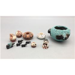Tray of Mini Pottery and Fetishes