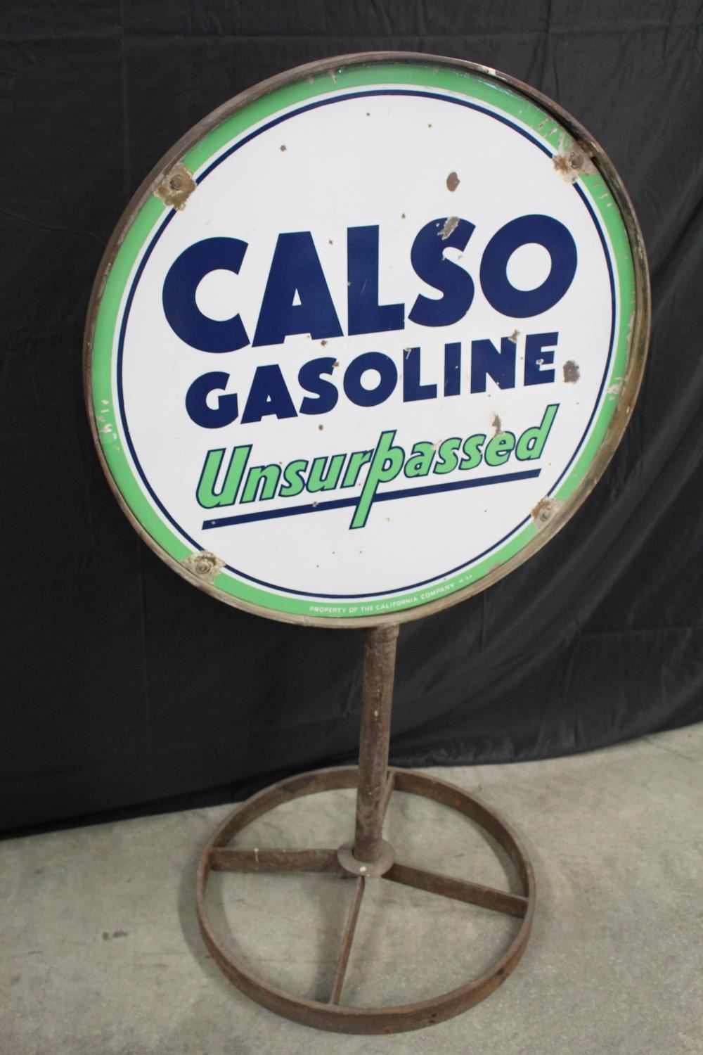 Calso Signs PORCELAIN CALSO GASOLINE UNSURPASSED CURB SIGN