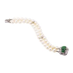 1.00 ctw Diamond, Jade, and Pearl Bracelet - 18KT White Gold