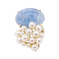 Oval Cabochon Kyanite and Pearl Cluster Pendant/Pin - 14KT Yellow Gold