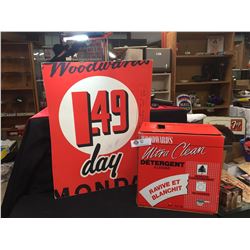 Woodwards $1.49 Days Vintage Sign Plus a Woodward's Ultra Clean Detergent Box Empty. Nice Graphics