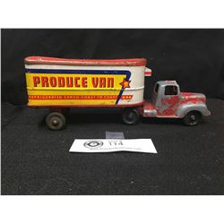 A Vintage Tootsie Toy Truck with a Wyandotte Trailer Produce Van. Refridgerated Cargo Coast to Coast