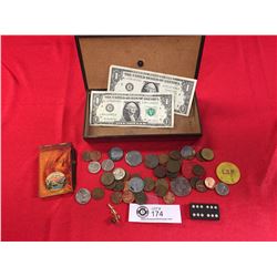 Vintage Hyde Park Cigar Box Filled with Tokens, US one Dollar Bills, miscellaneous Change etc