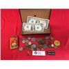 Image 1 : Vintage Hyde Park Cigar Box Filled with Tokens, US one Dollar Bills, miscellaneous Change etc