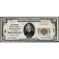1929 $20 National Bank Milwaukee, WI CH# 64 National Currency Note