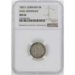 1832 Germany Saxe-Meiningen Bernhard II 6 Kreuzer Coin NGC MS64