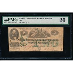 1862 $2 Confederate States of America Note PMG 20