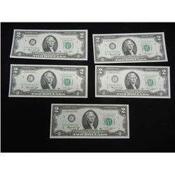 1976 $2 Bank Note - 5 Consecutive Numbered - Crisp Uncirculated