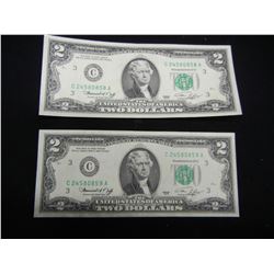 1976 $2 Bank Note - 2 Consecutive Numbered - Crisp Uncirculated
