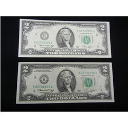 1976 $2 Bank Note - 2 Consecutive Numbered - Crisp Uncirculated