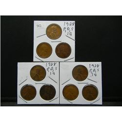 (3) 1928 PDS Lincoln Cent Holders. (9) Coins