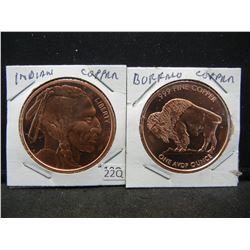 (2) Copper Rounds .999 Indian Head and Buffalo