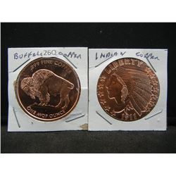 (2) Copper Rounds .999 Indian Head and Buffalo