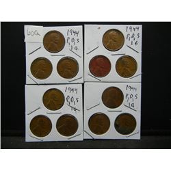 (4) 1944 PDS Wheat Cents in Coin Holders, (12) Coins