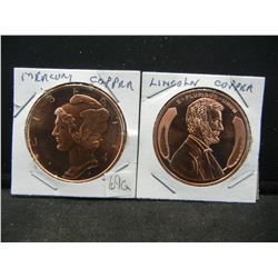 (2) Copper Rounds .999 Mercury and Lincoln