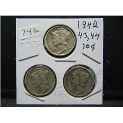 1942, 43, 44 Mercury Dimes