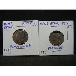 (2) Mint error Jefferson Nickels, 1989, 94