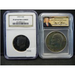 Mint Director 1976 Ike Dollar. & 1990-S Kennedy. PF69 Ult CAMEO