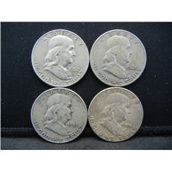 4 Franklin Half Dollars. 90% Silver coins, 1951, 57, 60, 60
