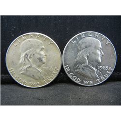 BU 1951, 1963 Franklin Half Dolls. 90% silver.