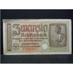 WWII Germany occupation 20 RM. Embossed.