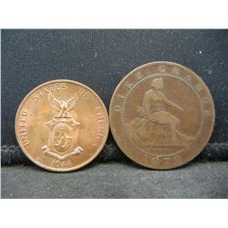 1870 Diez Centavos and 1944 BU Philippines Un Peso Nice Red Coin