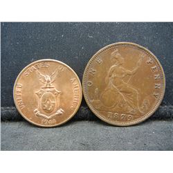 1879 British Large Penny Higher Grade and Unc 1944 One Peso Philippines
