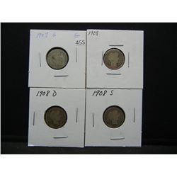Barber dimes 1907s, 1908, 1908d, 1908s