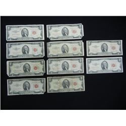 Ten $2 red seal U.S. note series 1953 Some Low Serial Numbers