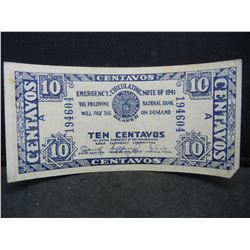 1941 Philippines Emergency 10 Centavos Note.  Rare