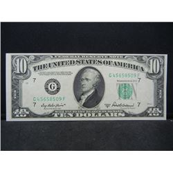 1950B $10 Federal Reserve Note.  AU/Unc.  Off Center.