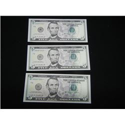 (3) 2013 $5 Federal Reserve *(Replacement) Notes.  Consecutive serial #'s