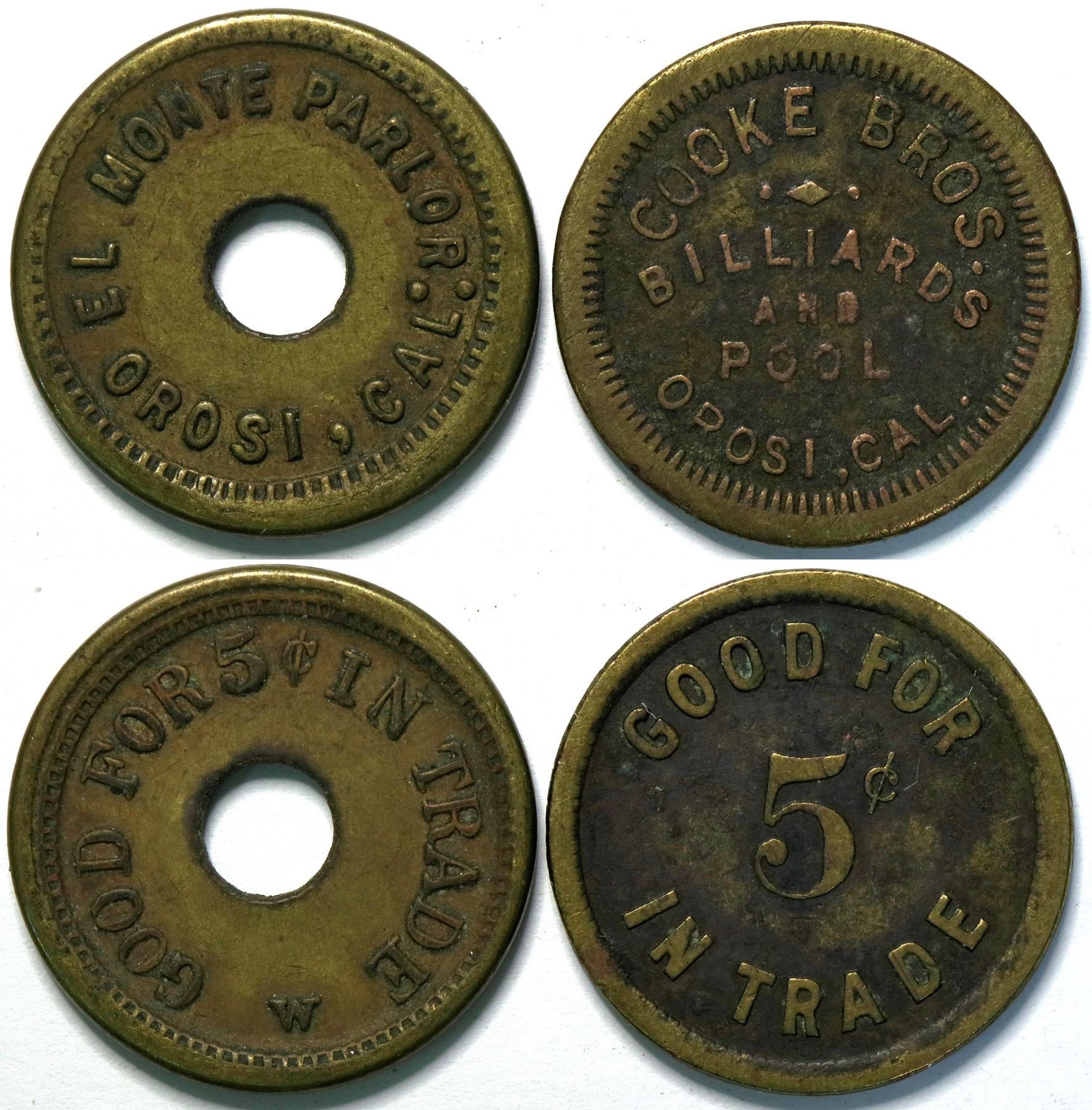 Two Billiard Parlor Tokens from Orosi, California (Tulare County ...
