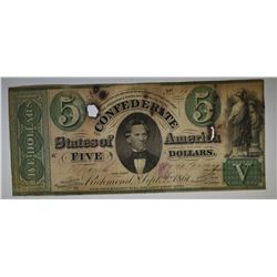 1861 $5 CONFEDERATE NOTE HOLES