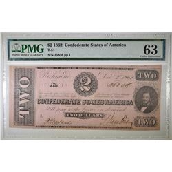 1862 $2 CONFEDERATE NOTE PMG 63 T-54