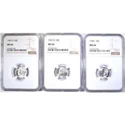 1946, 47-D&S ROOSEVELT DIMES, NGC MS-66