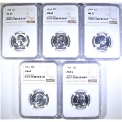 ( 5 ) 1964 WASHINGTON QTR NGC MS65