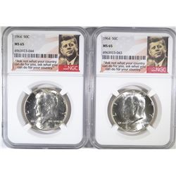 2-1964 KENNEDY HALF DOLLARS, NGC MS-65