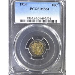 1914 BARBER DIME, PCGS MS-64