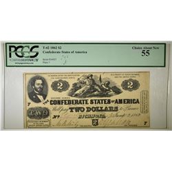 1862 $2  T-42 CONFEDERATE NOTE, PCGS 55