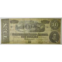 1864 $10 CONFEDERATE NOTE, SMALL HOLE