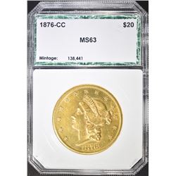 RARE 1876-CC $20 GOLD LIB. OLD PCI HOLDER CH BU+