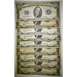 9-AVE CIRC 1934 $10.00 SILVER CERTIFICATES