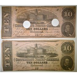 2 1862 $10 CONFEDERATE NOTES, 1 HOLE CANCELLED