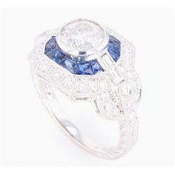 Art Deco Diamond & Blue Sapphire 18K Engraved Ring