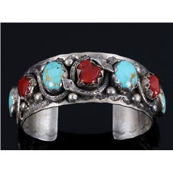 Navajo Sterling Royston Turquoise & Coral Bracelet