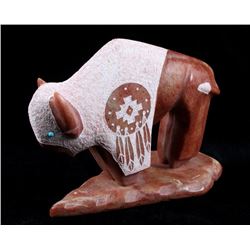 Signed Navajo Stone Carved Buffalo Sculpture