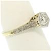 Image 7 : 14k Gold & Platinum Old European Diamond Etched Solitaire Ring