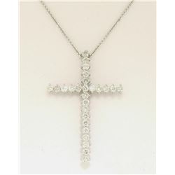 14k White Gold 1.08 ctw Prong Set Round Diamond Cross Pendant Necklace